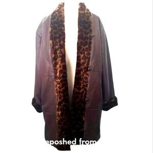 Leopard Trim Vegan Leather Quilted Lining Brown Animal Print Car Coat Sz…